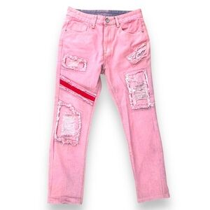 New! Dengss Men's Ripped Pink Patchwork Jeans Size 28